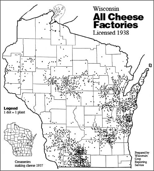 Figure 1. Spatial distribution of cheese factories in Wisconsin in 1938. Map prepared by Wisconsin Crop Reporting Service and reproduced from Ebling, et al. 1939.