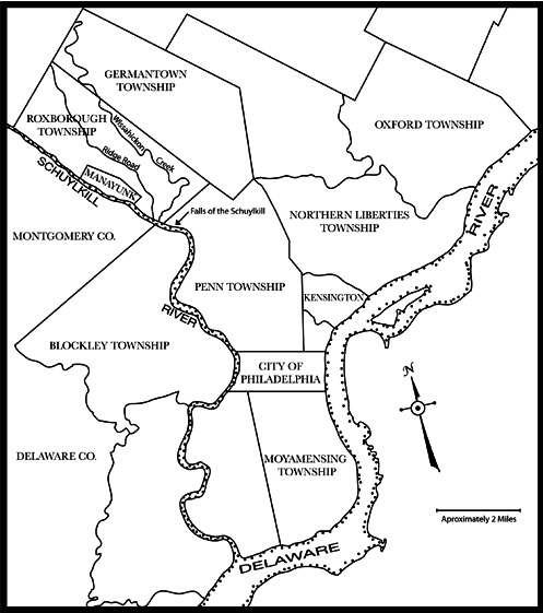 Figure 1 shows the location of Manayunk in relation to the original townships (and city) in Philadelphia County. Manayunk was originally a subsection of Roxborough Township and became its own entity in 1840 after the rapid development of textile mills. All of Philadelphia County becomes the city of Philadelphia in 1854. Figure 1 is adapted from a figure in Cynthia Shelton's book The Mills of Manayunk by Catherine Brew.