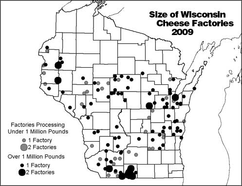 Figure 2. Spatial distribution of large and small cheese factories in Wisconsin in 2009. Map prepared by author.