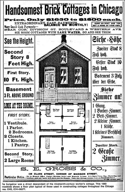 Figure 11. Printed in both English and German, this 1883 broadside advertised the availability of inexpensive brick cottages in Chicago for would-be factory workers. The broadsides were circulated in both the United States and Germany (Chicago Historical Society ICHi-06577, reprinted in Prosser 1981).